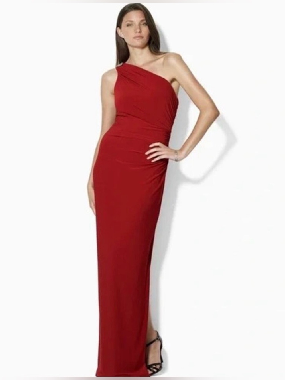 Lauren Ralph Lauren One Shoulder Red Ruched Gown Dress with Rhinestone Broach